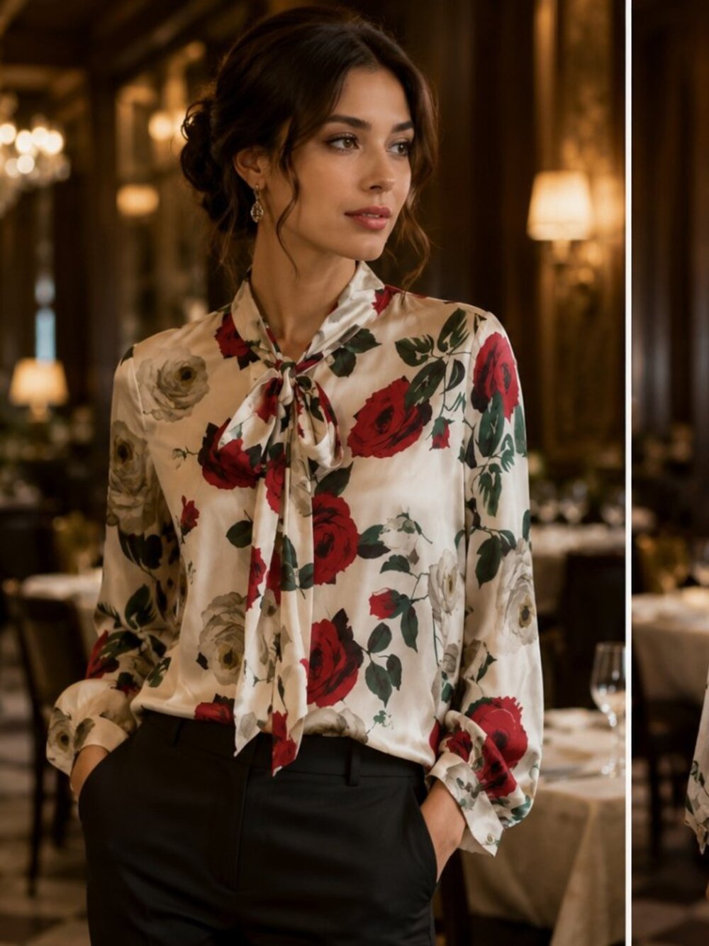Dolce & Gabbana Rose Printed Blouse Top Sheer Bow Buttondown S-38